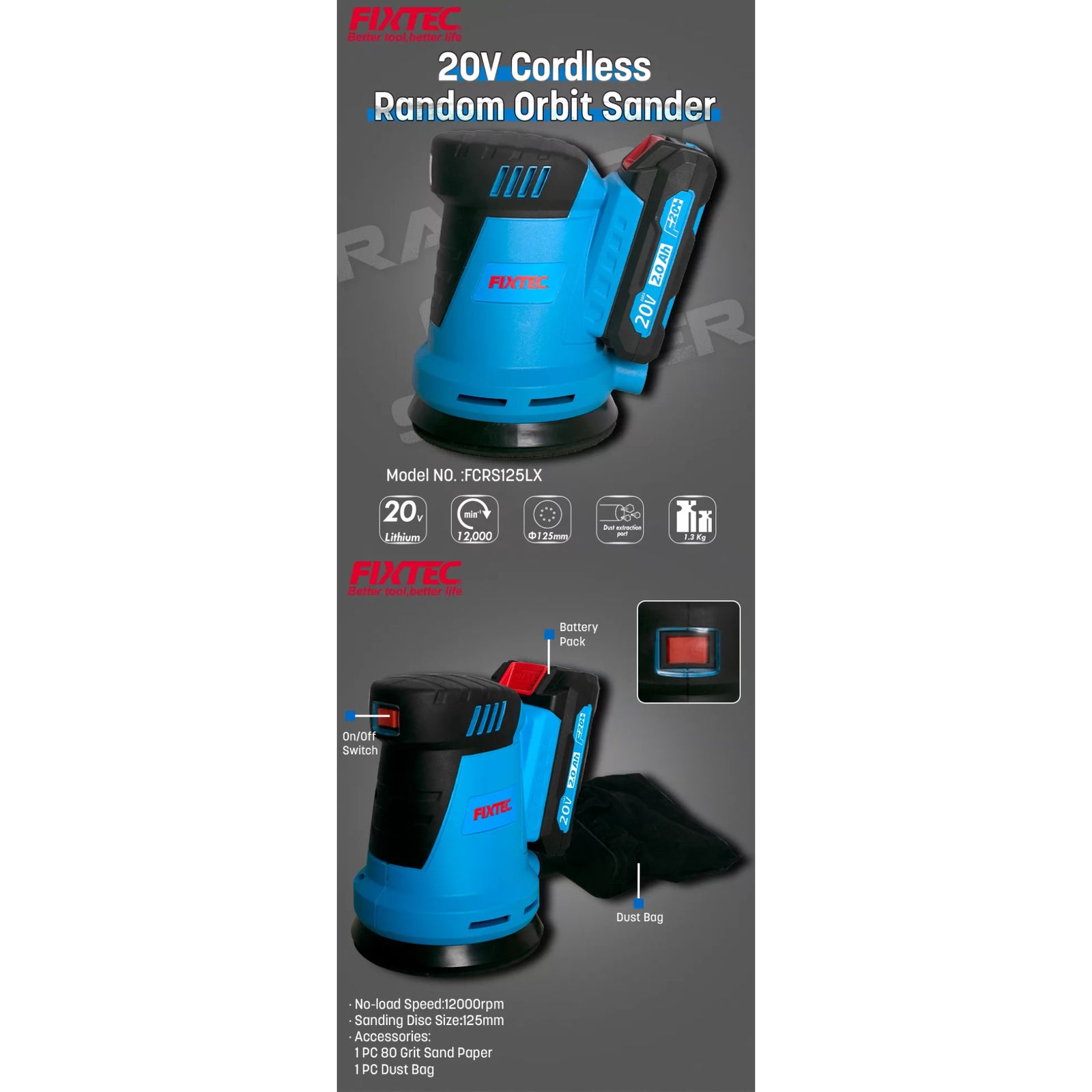 Lijadora Orbital Fixtec Fcrs125lx-1 F20+ 1.5a Litio