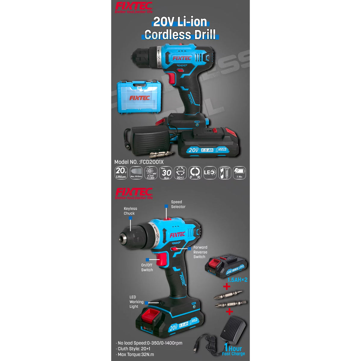 Taladro Atornillador Inalambrico Fixtec Fcd2001x F20+ 1.5a Con 2 Baterias Litio 20v