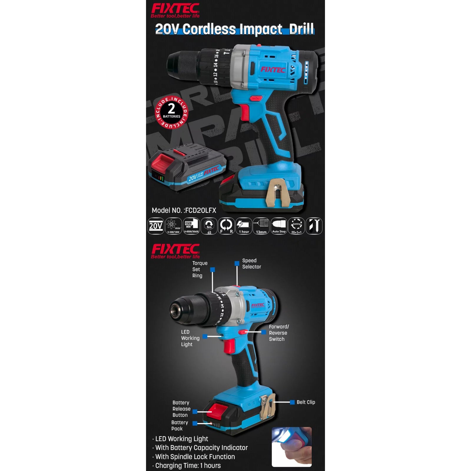 Taladro Atornillador Inalambrico Fixtec Fcd20lfx F20+ 2.0a Con 2 Baterias Litio 20v