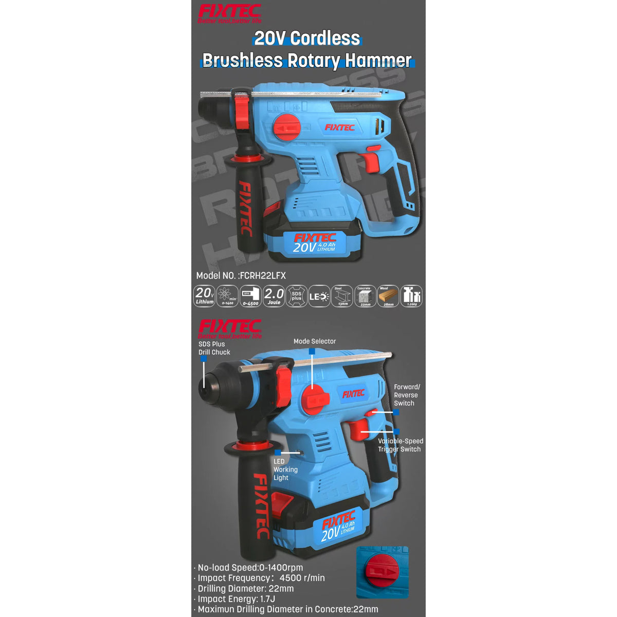 Rotomartillo Sds Plus Fixtec Fcrh22lfx-4 F20+ 2 Bateria 4.0a
