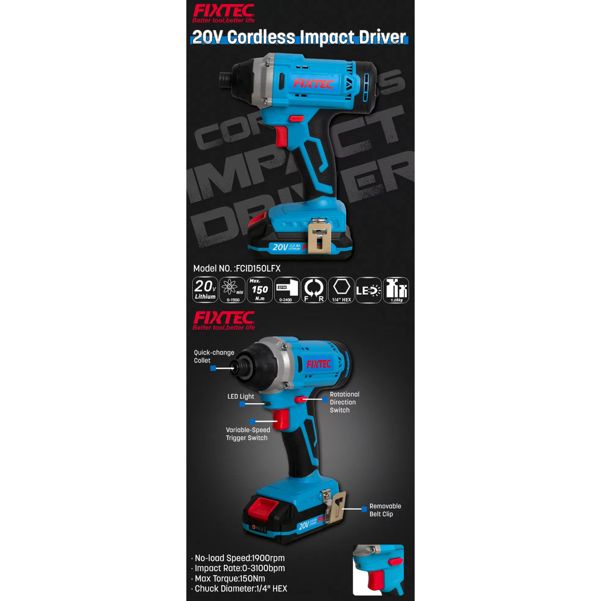 Atornillador de Impacto Fixtec Fcid150lfx-12 F20+ 150nm 1x2.0a Litio