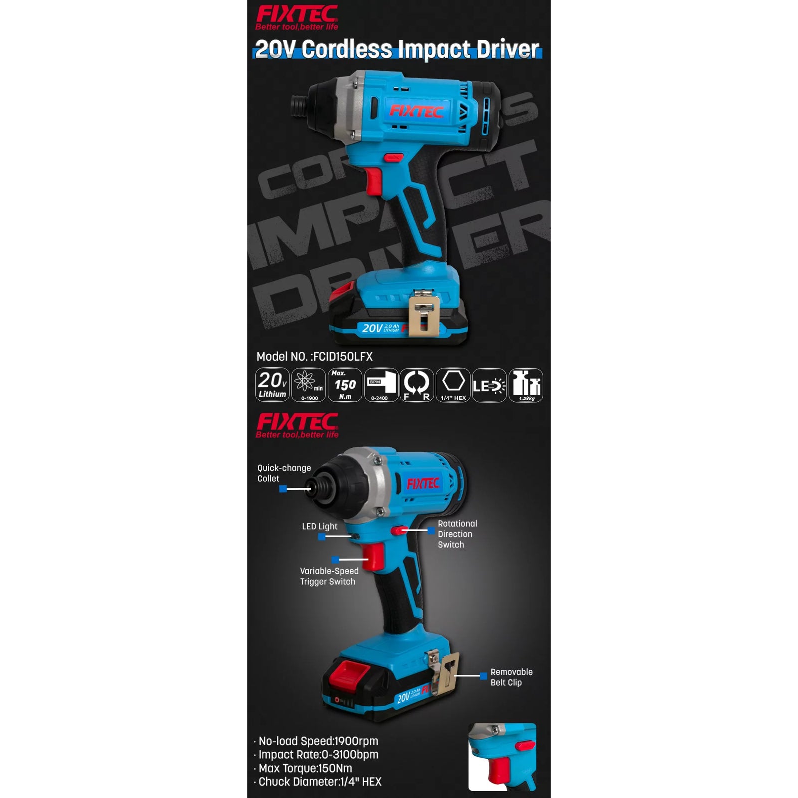 Atornillador de Impacto Fixtec Fcid150lfx-12 F20+ 150nm 1x2.0a Litio