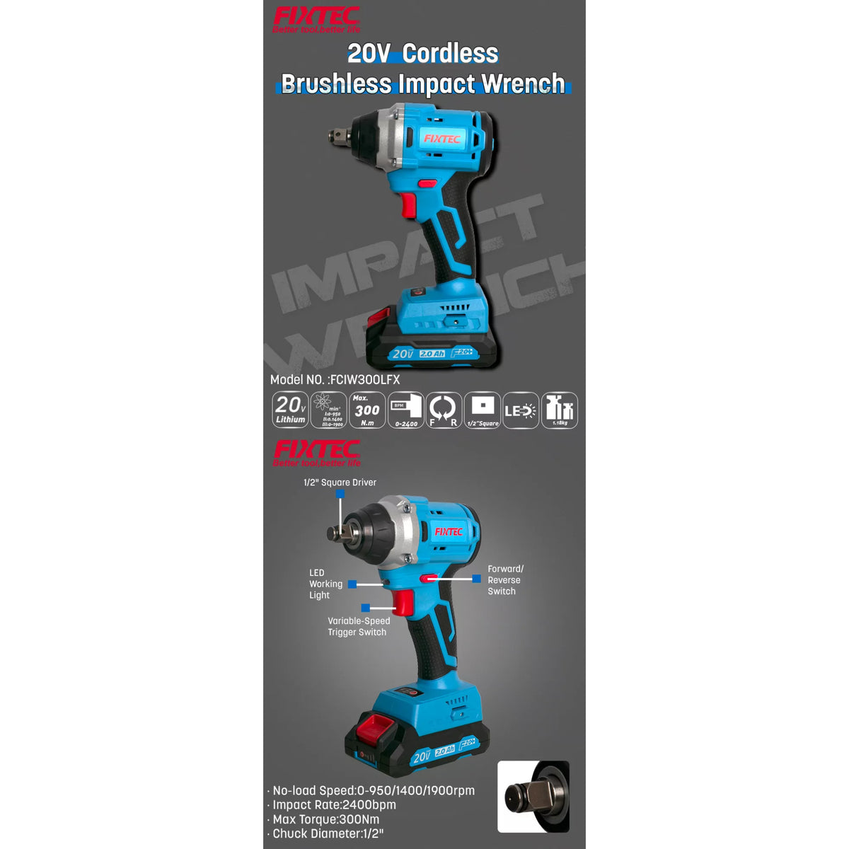 Llave De Impacto Fixtec Fciw300lfx-2 F20+ 300nm 2x2.0a Litio