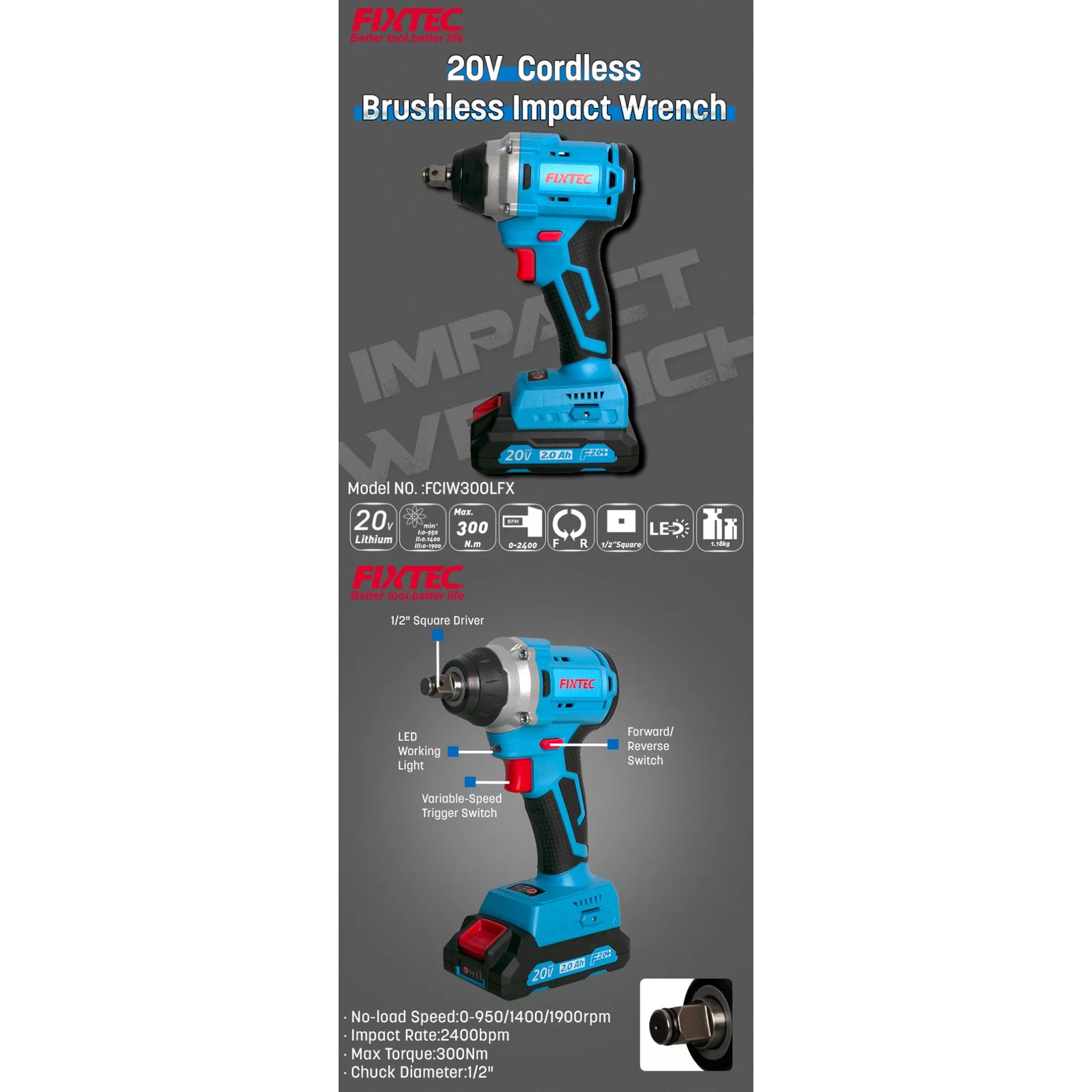 Llave De Impacto Fixtec Fciw300lfx-2 F20+ 300nm 2x2.0a Litio