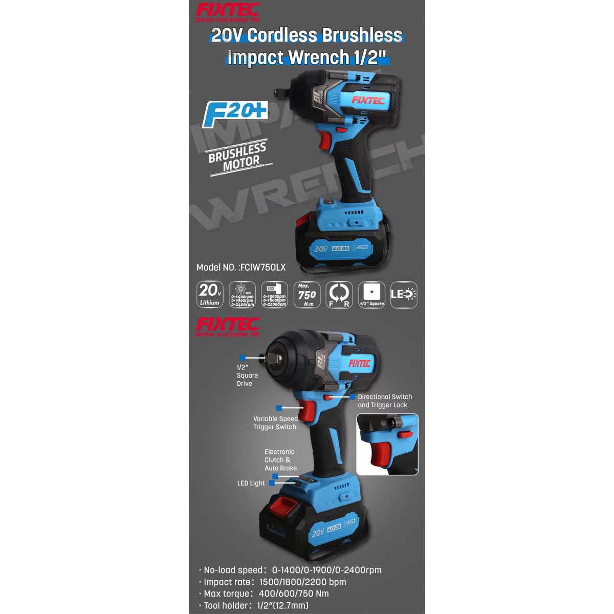 Llave De Impacto Fixtec Fciw750lx-4 F20+ 750nm 2x4.0a Litio