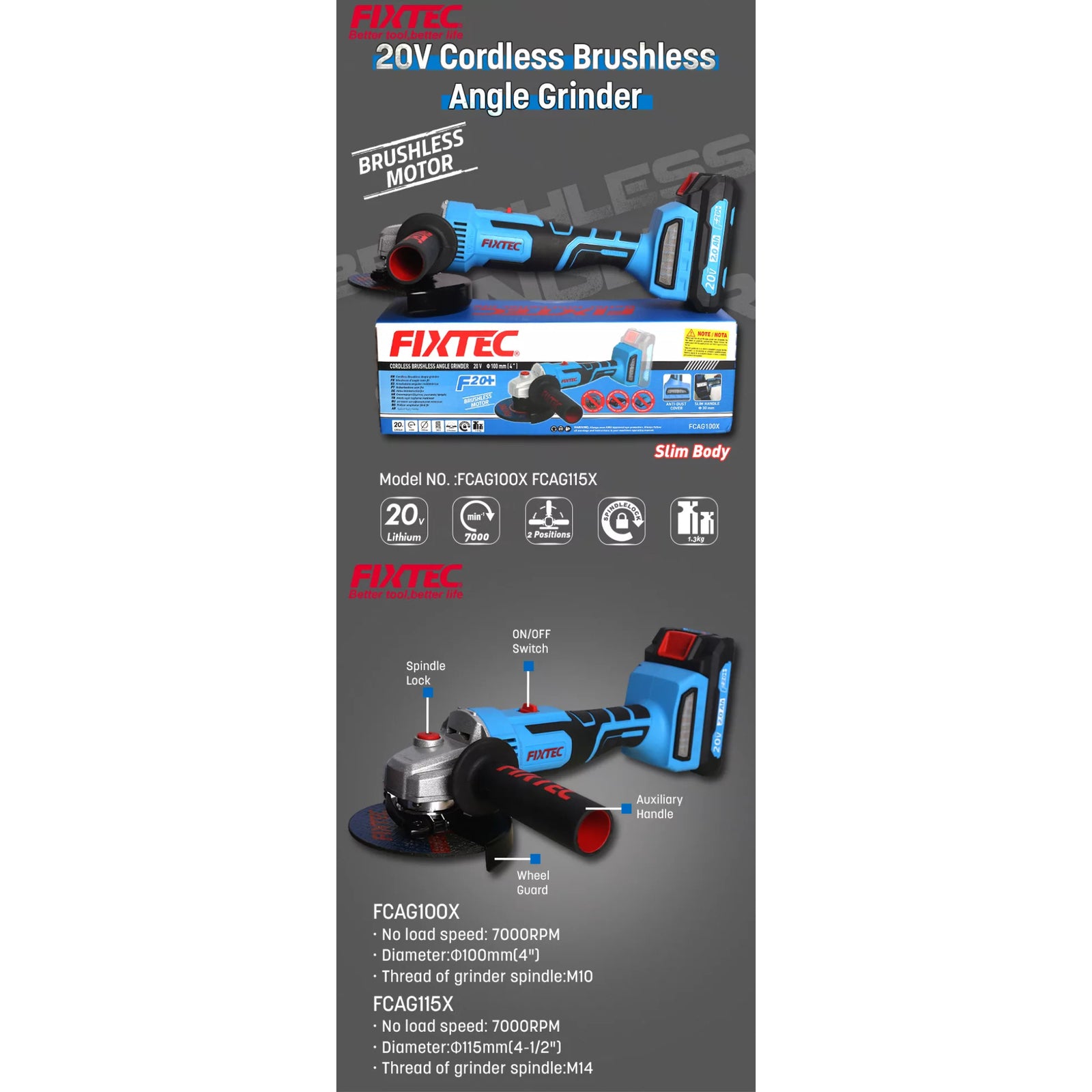 Esmeril Angular 4 1/2 Fixtec Fcag115x-2 F20+ 2x2.0a Litio