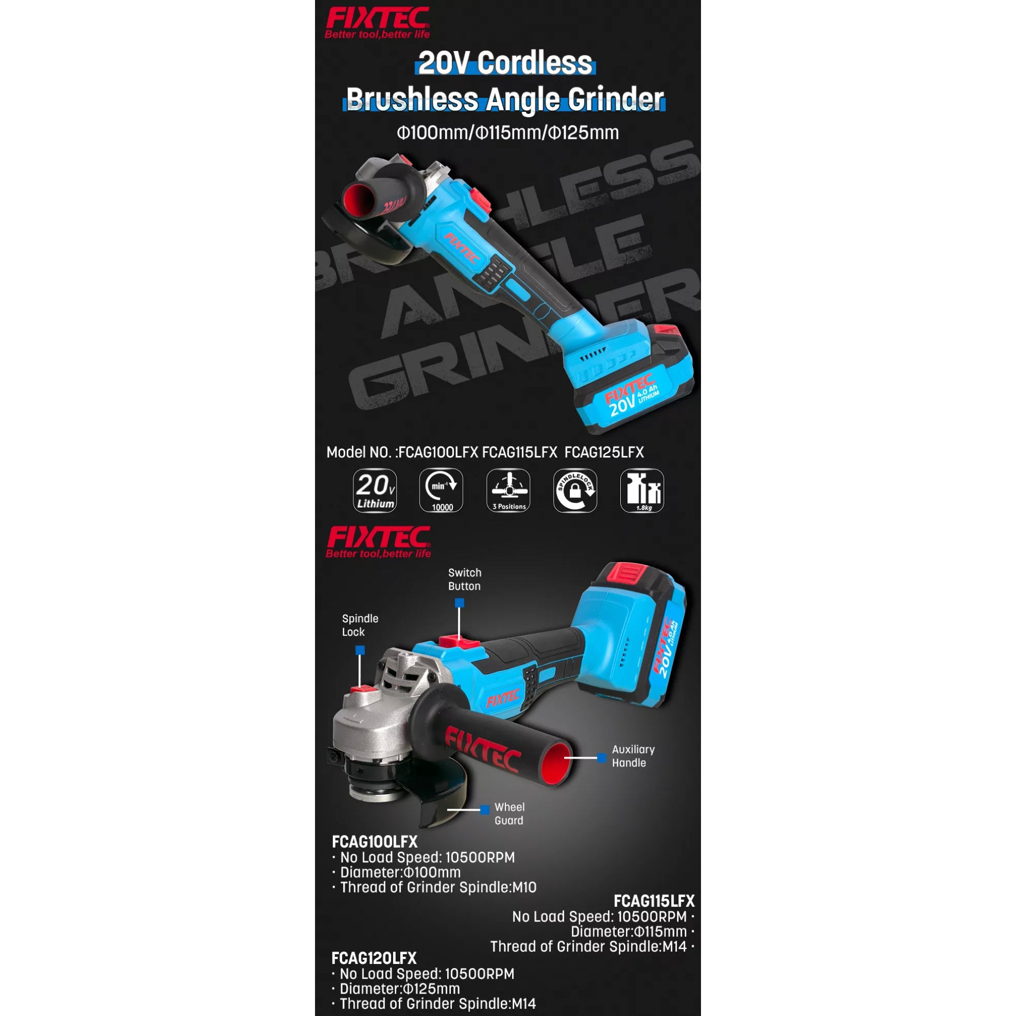 Esmeril Angular 4 1/2 Fixtec Fcag115lfx-4 F20+ 4.0ax2 Litio