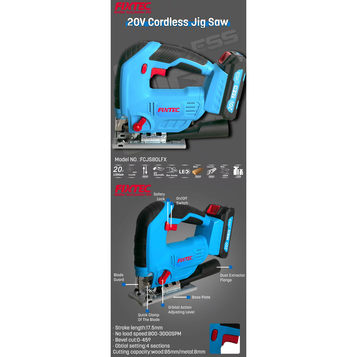 Sierra Caladora Fixtec Fcjs80lfx-12 F20+ 2.0a Litio