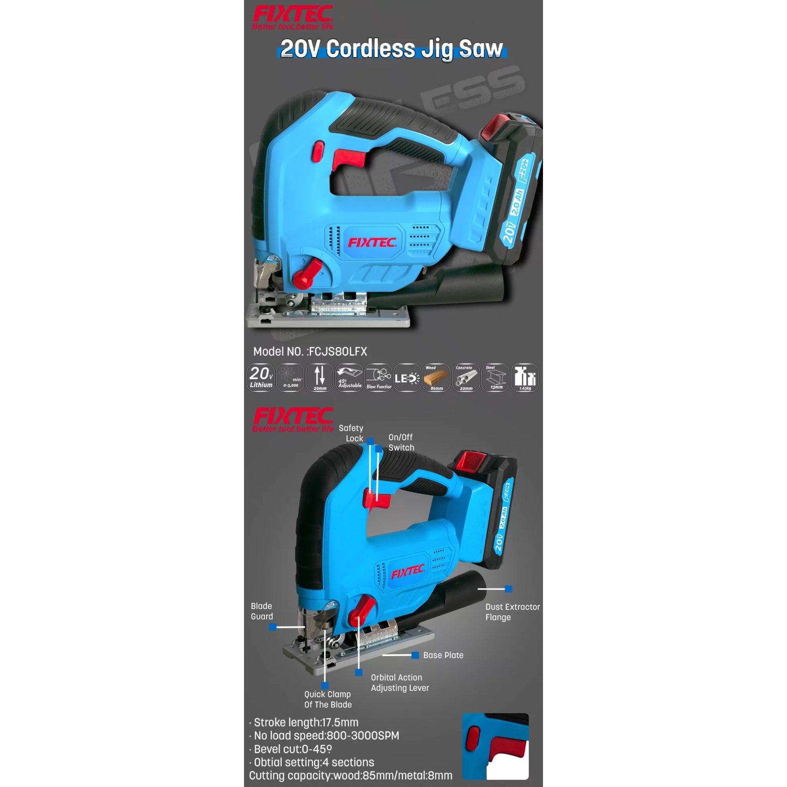 Sierra Caladora Fixtec Fcjs80lfx-12 F20+ 2.0a Litio