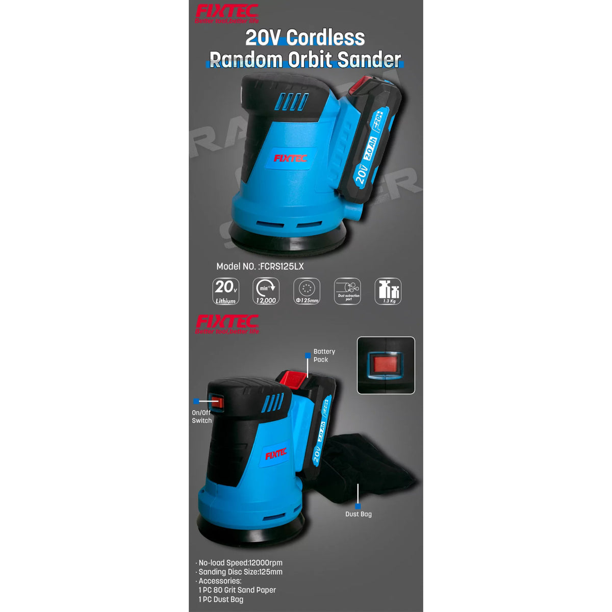 Lijadora Orbital Fixtec Fcrs125lx-1 F20+ 1.5a Litio