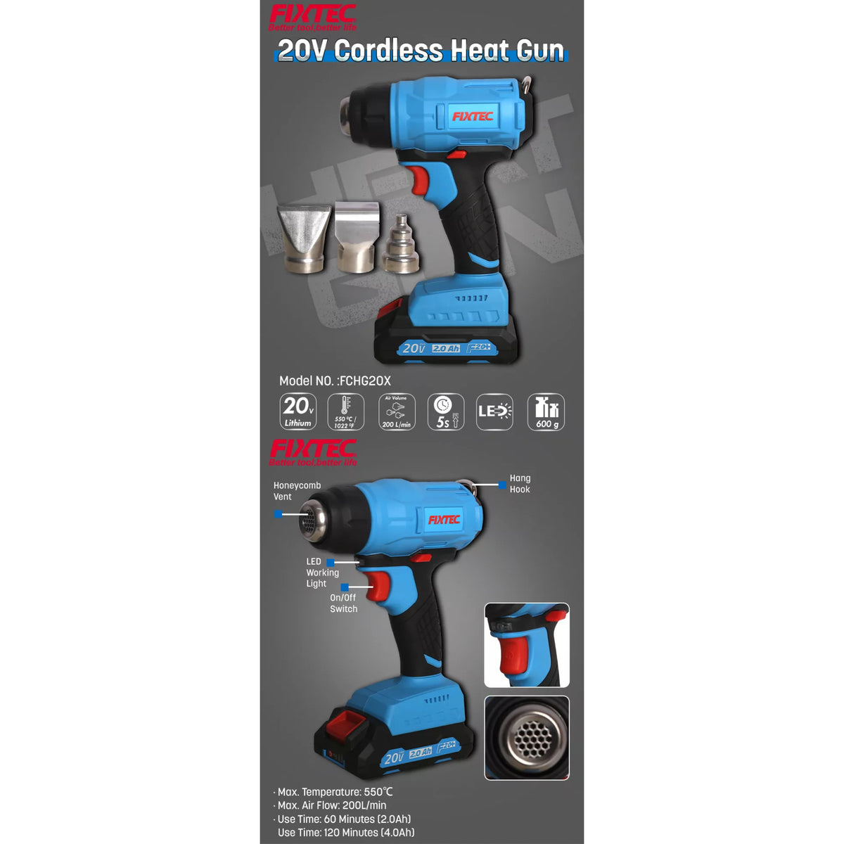 Pistola De Calor Fixtec Fchg20x-12 F20+ 2.0a Litio