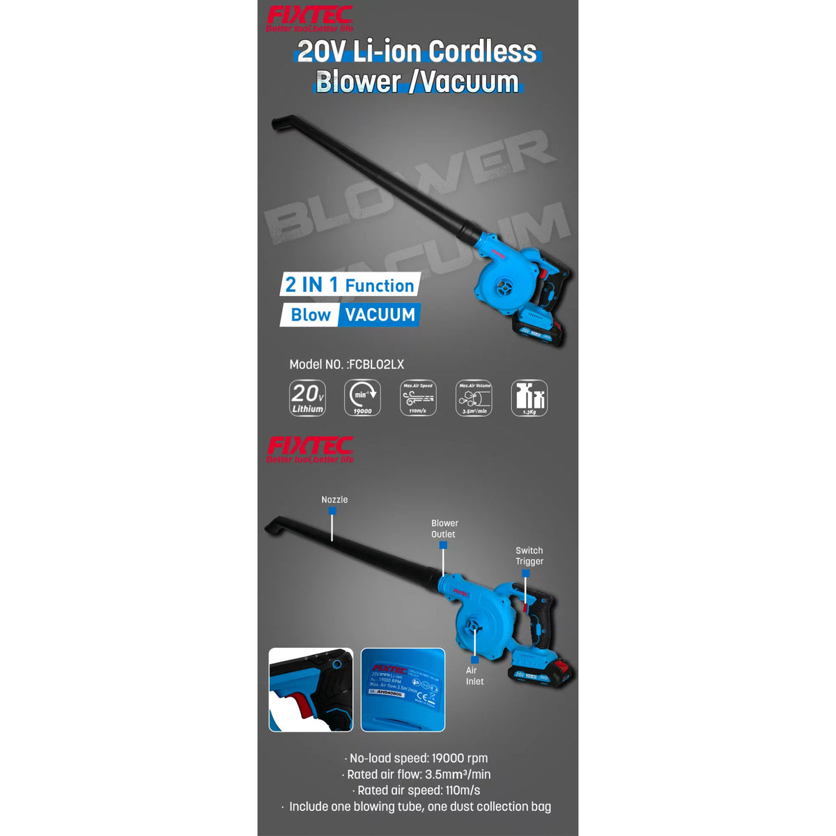 Soplador - Aspirador Jardin Fixtec Fcbl02lx F20+ 1.5a Litio