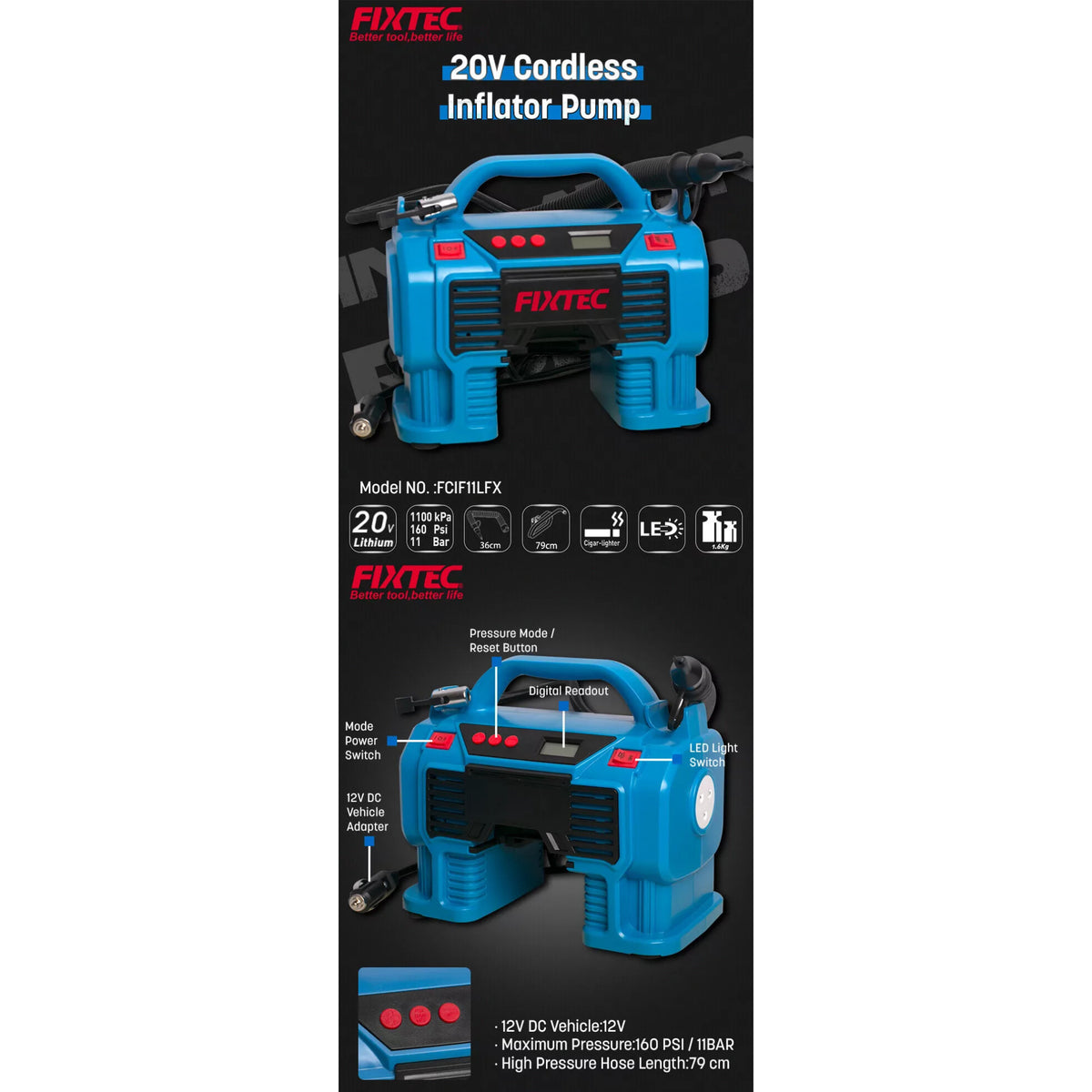 Compresor Con Linterna Fixtec Fcif11lfx-12 F20+ 2.0a Litio