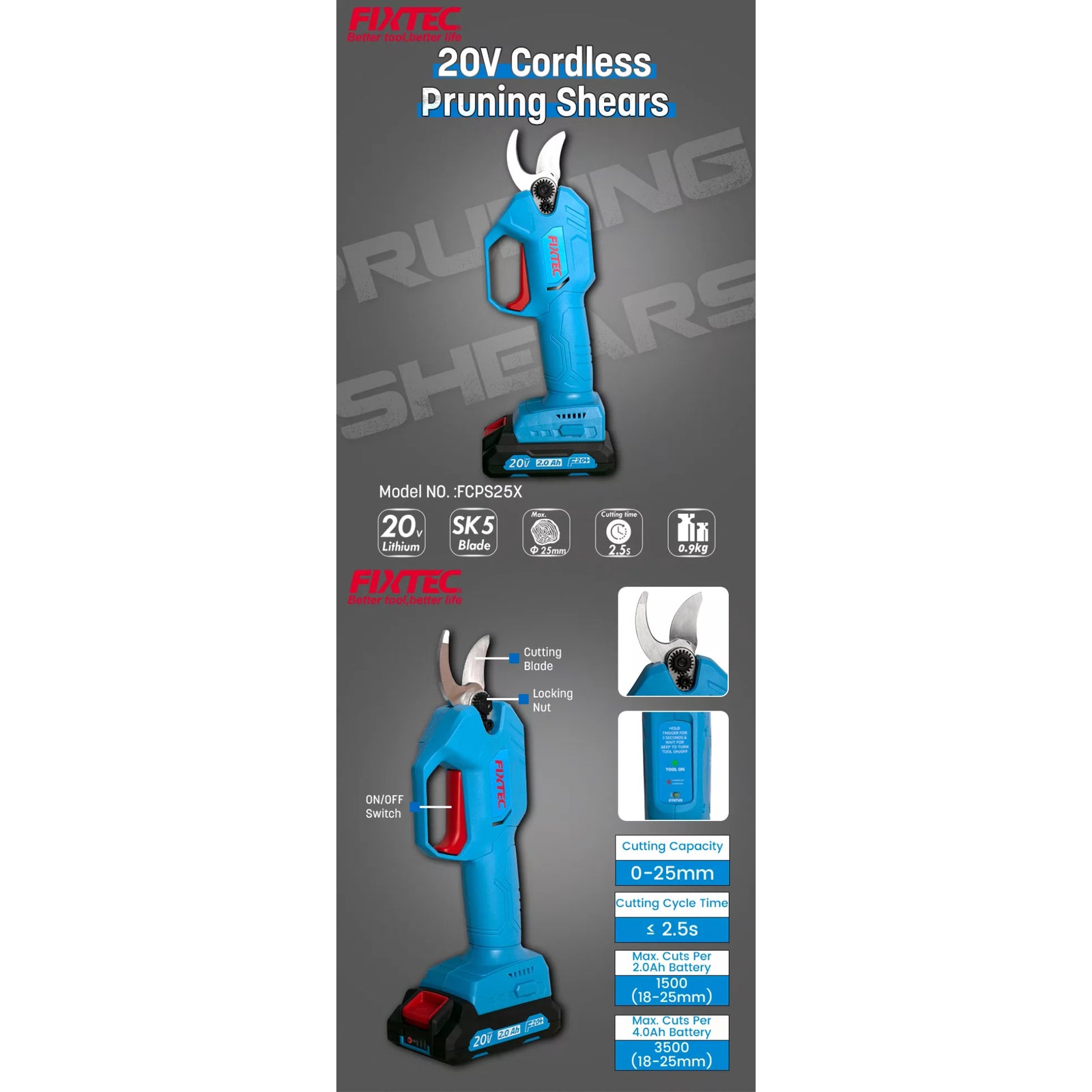 Tijera Inalambrica De Podar Fixtec Fcps25x-1 F20+ 1.5a Litio