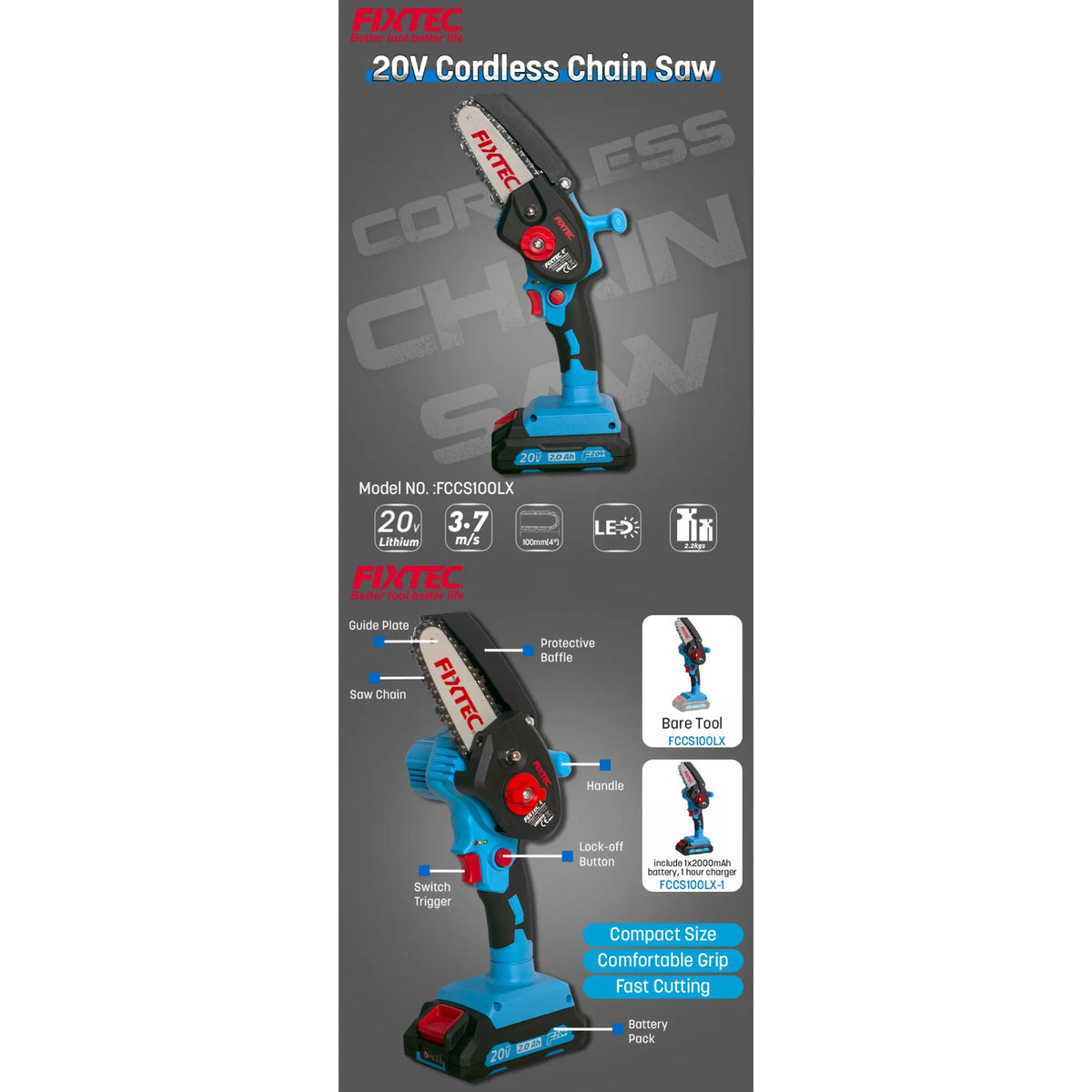 Mini Motosierra 4 Fixtec Fccs100lx-1 F20+ 2.0a Litio