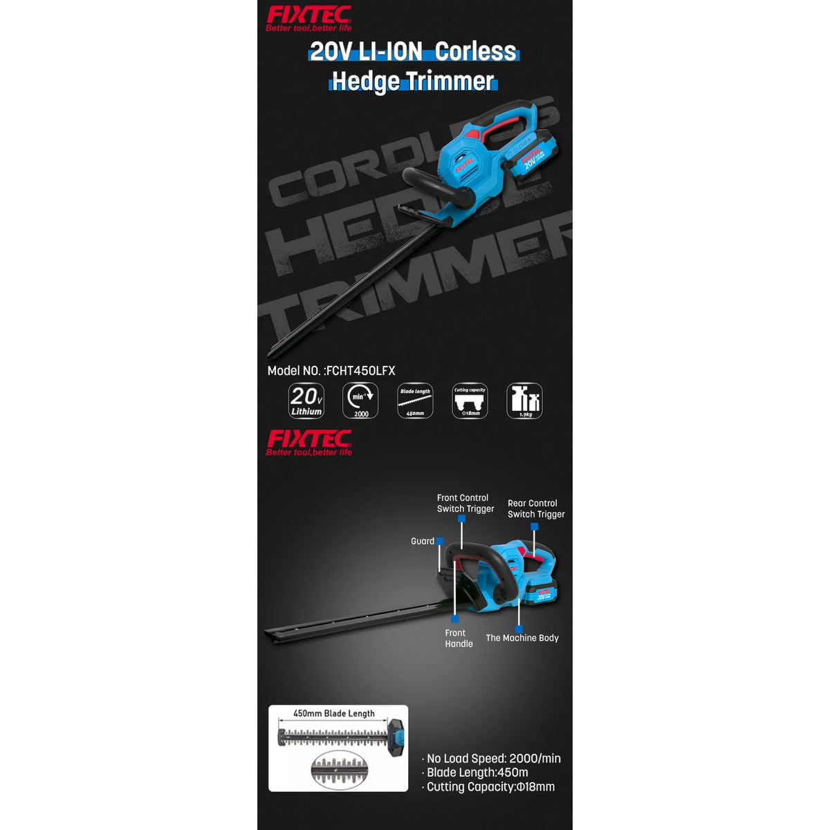 Cortasetos Inalambrico Fixtec Fcht450lfx-12 F20+ 2.0a Litio