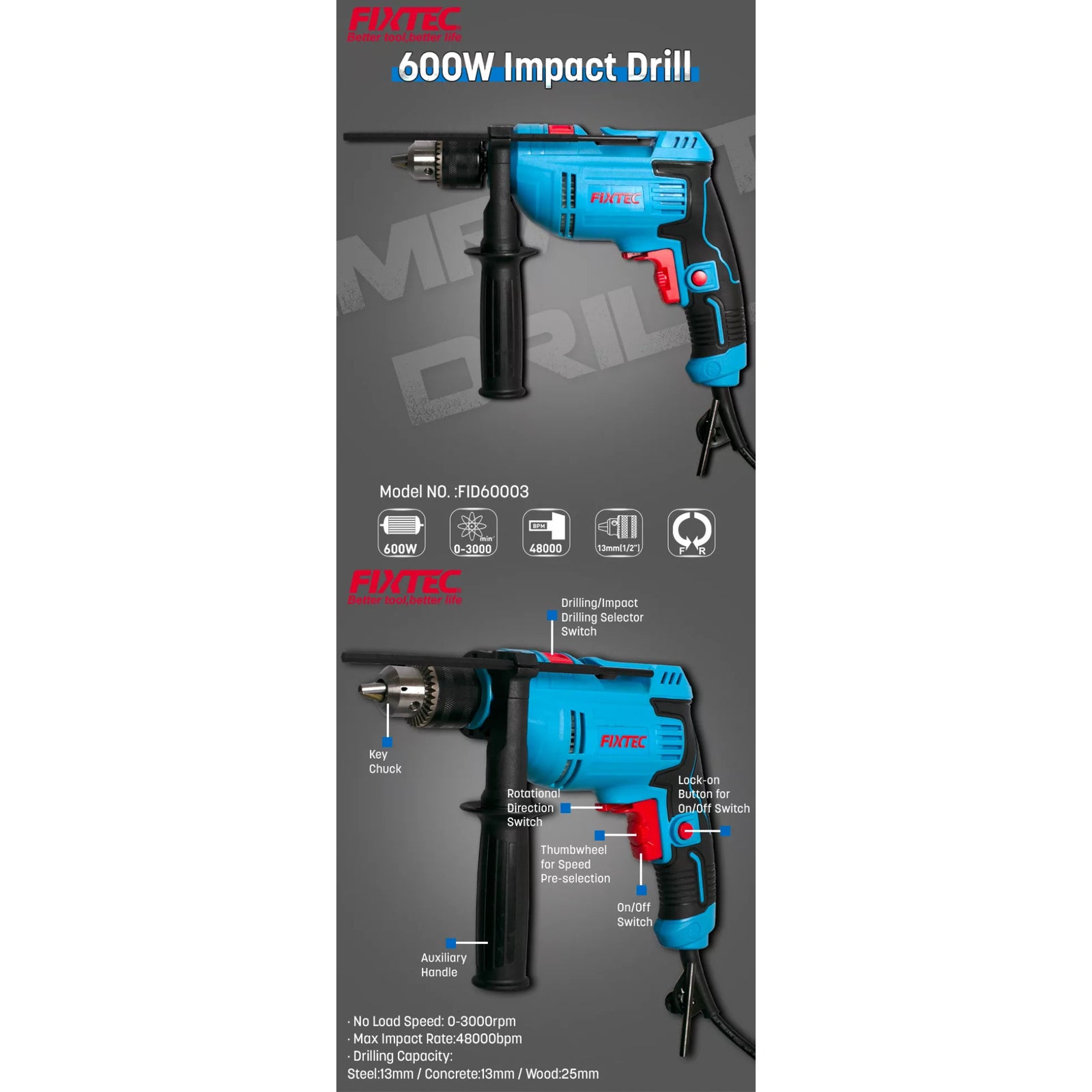 Taladro Percutor Fixtec Fid60003 13mm 600w + Llave Mandril