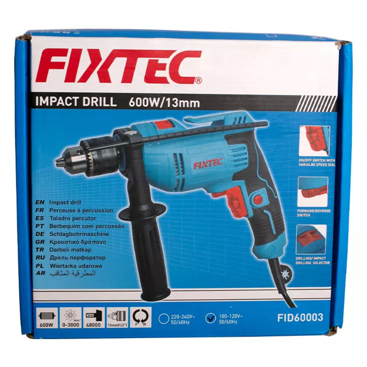 Taladro Percutor Fixtec Fid60003 13mm 600w + Llave Mandril