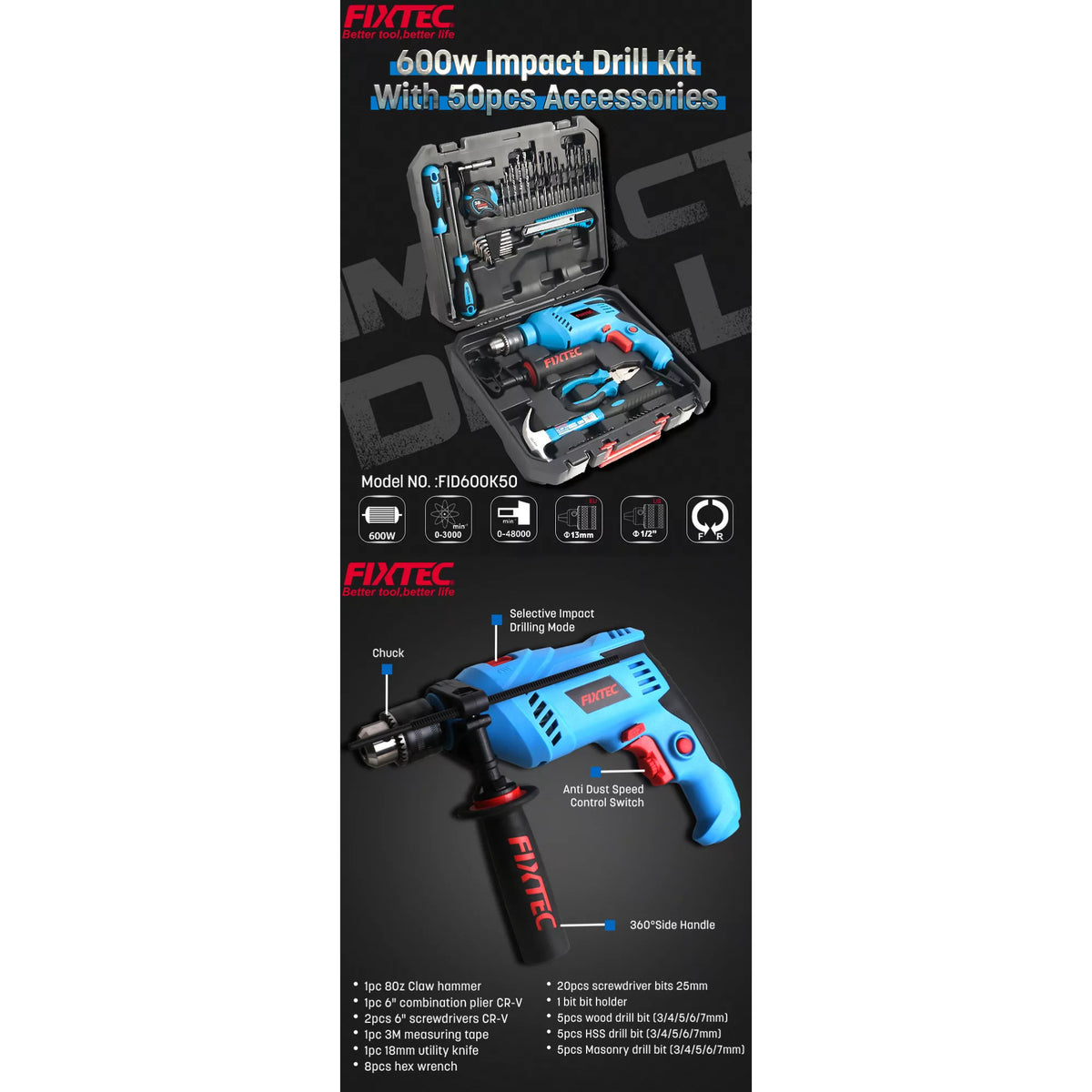Kit Taladro Percutor Fixtec Fid600k50 13mm 600w + 50 Piezas