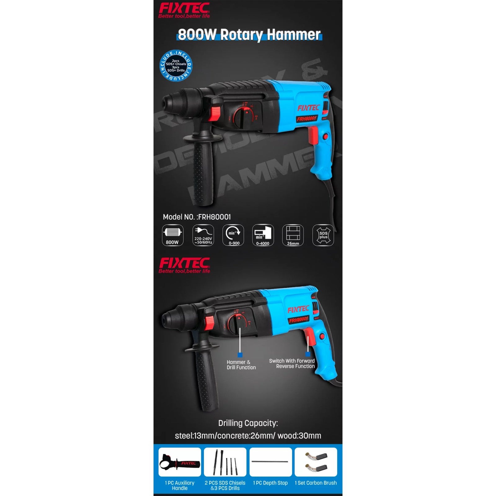 Rotomartillo Sds Plus Fixtec Frh80001 - 800w + 6 Accesorios