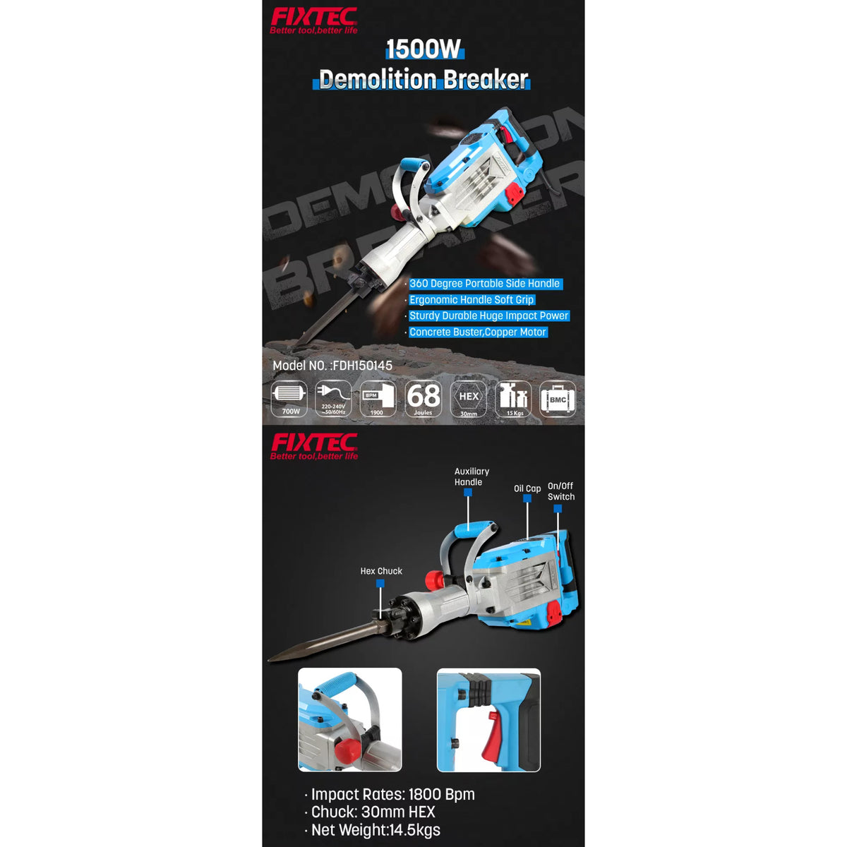 Martilo Demoledor 15k Fixtec Fdh150145 1500w + 8 Accesorios