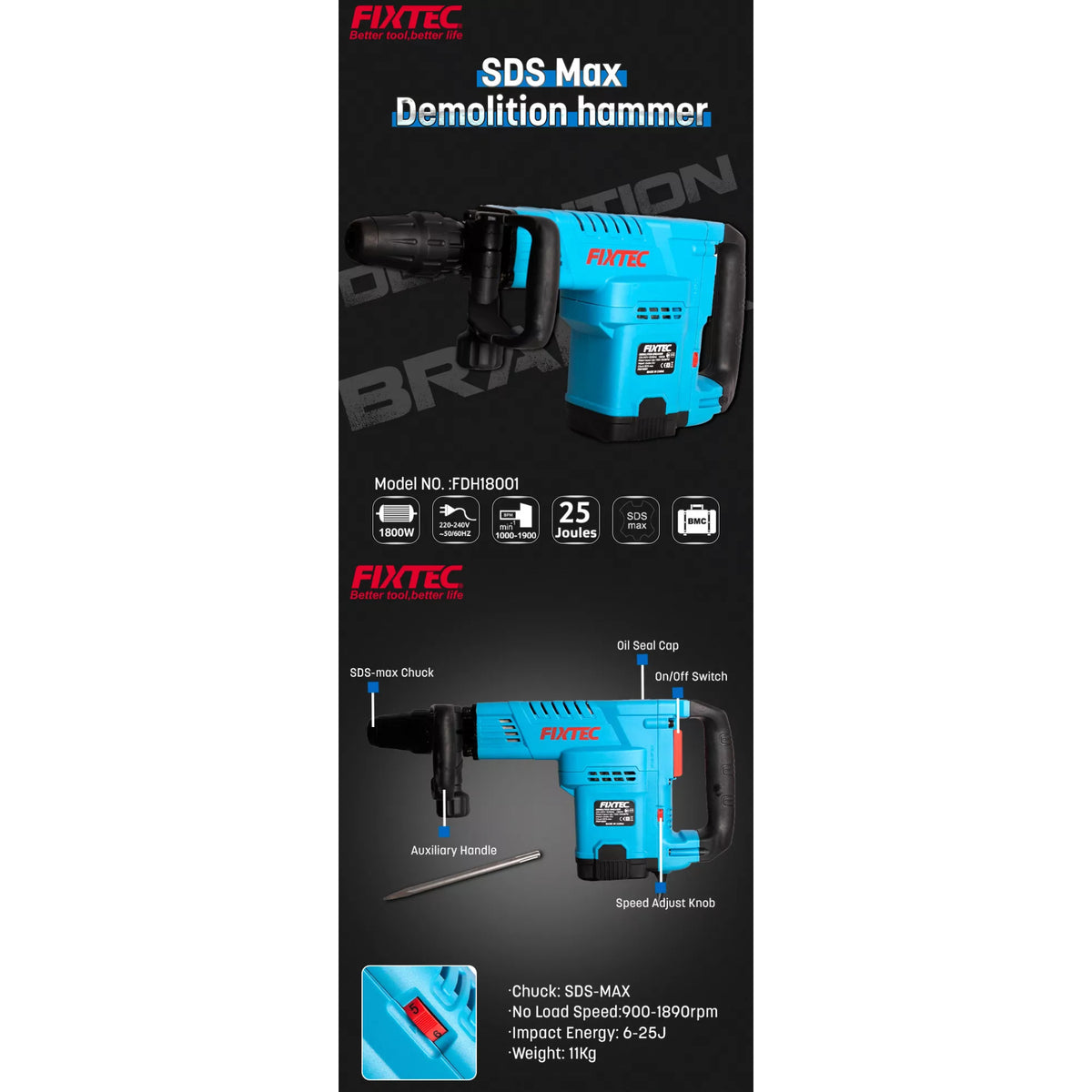 Martillo Demoledor 10kg Fixtec Fdh18001 1800w + 2 Accesorios