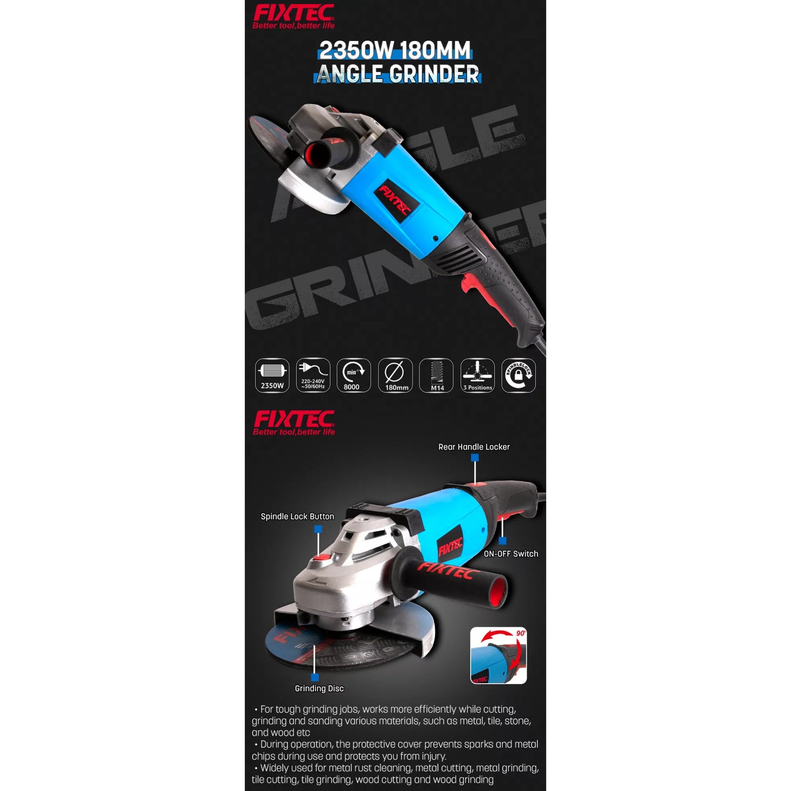 Esmeril Angular 7 Fixtec Fag18002 - 2350w + 4 Accesorios