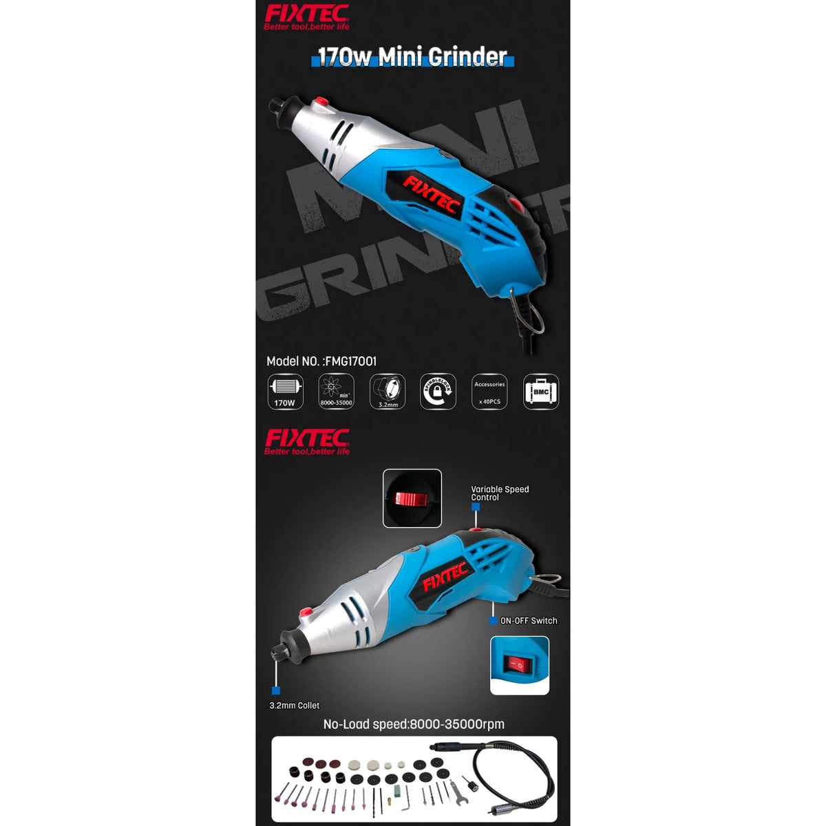 Kit Mini Esmeril Fixtec Fmg1700 - 170w + 40 Accesorios