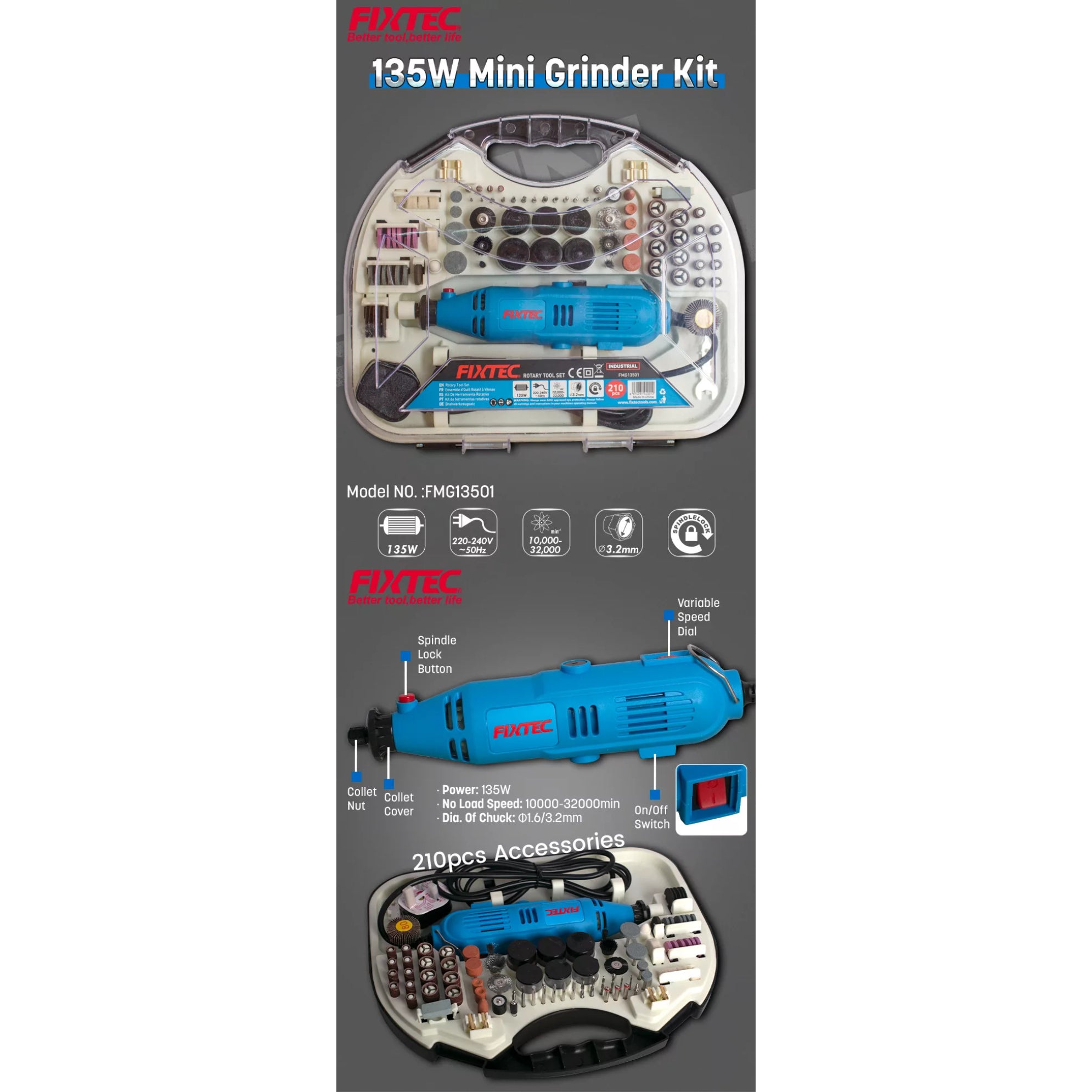 Kit Mini Esmeril Fixtec Fmg13501 - 135w + 210 Accesorios