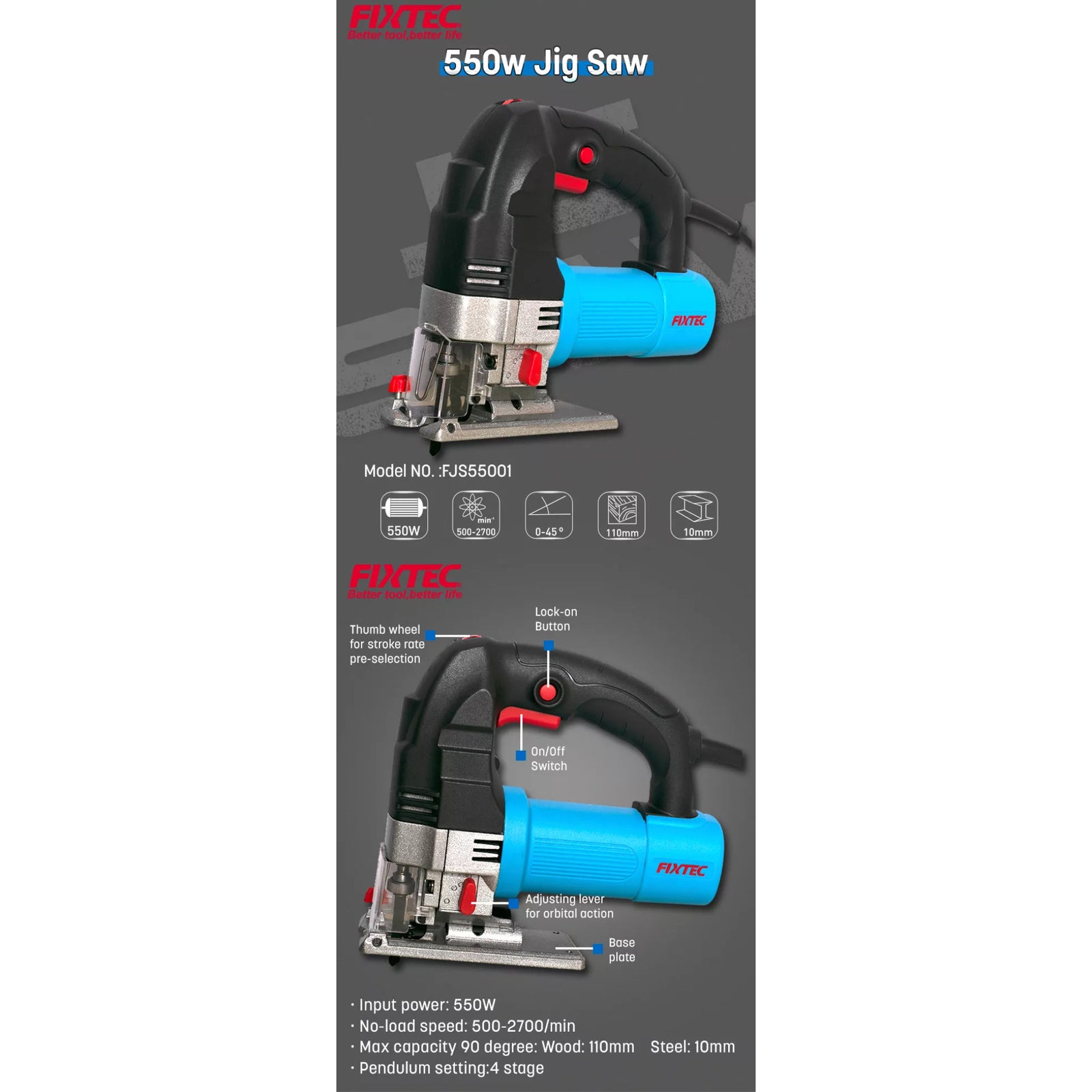 Sierra Caladora Fixtec Fjs55001 - 550w + 5 Accesorios