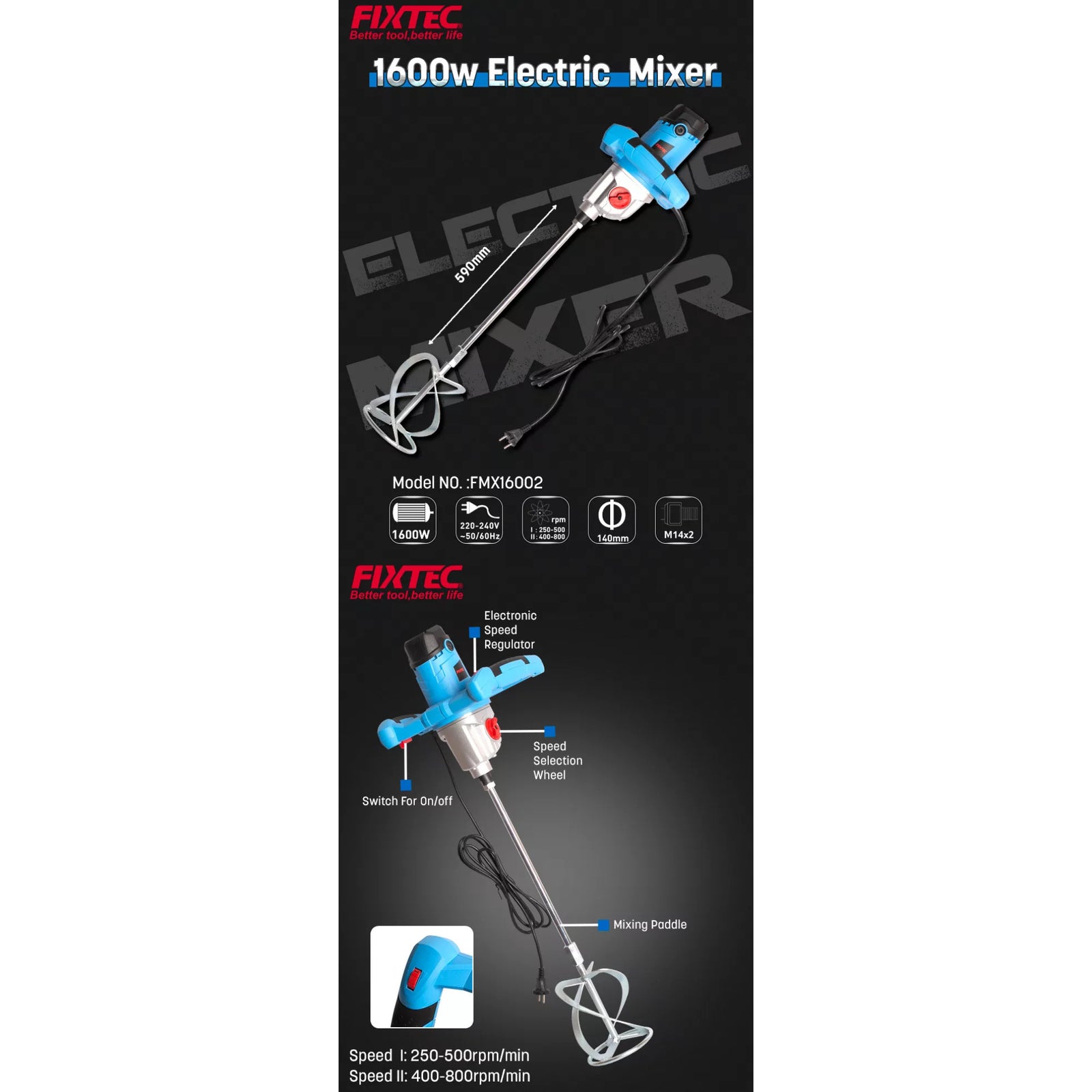 Mezclador Mortero Pintura Fixtec Fmx16002 - 1600w + 4 Piezas