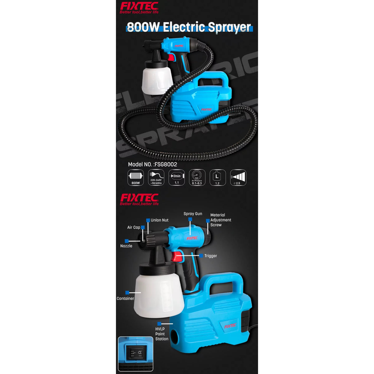 Pistola De Pintar Y Pulverizar Fixtec Fsg8002 - 800w + 3 Pcs
