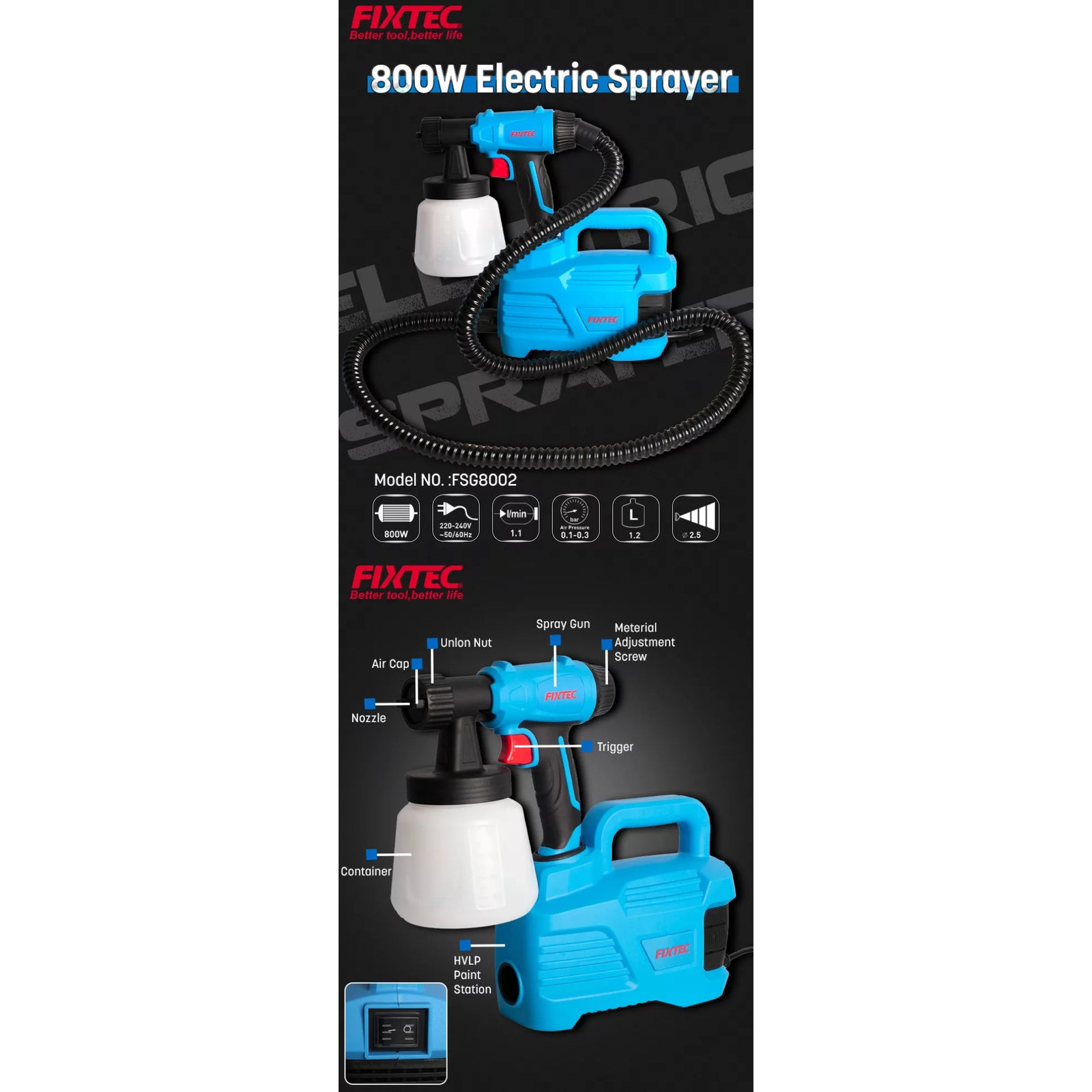 Pistola De Pintar Y Pulverizar Fixtec Fsg8002 - 800w + 3 Pcs