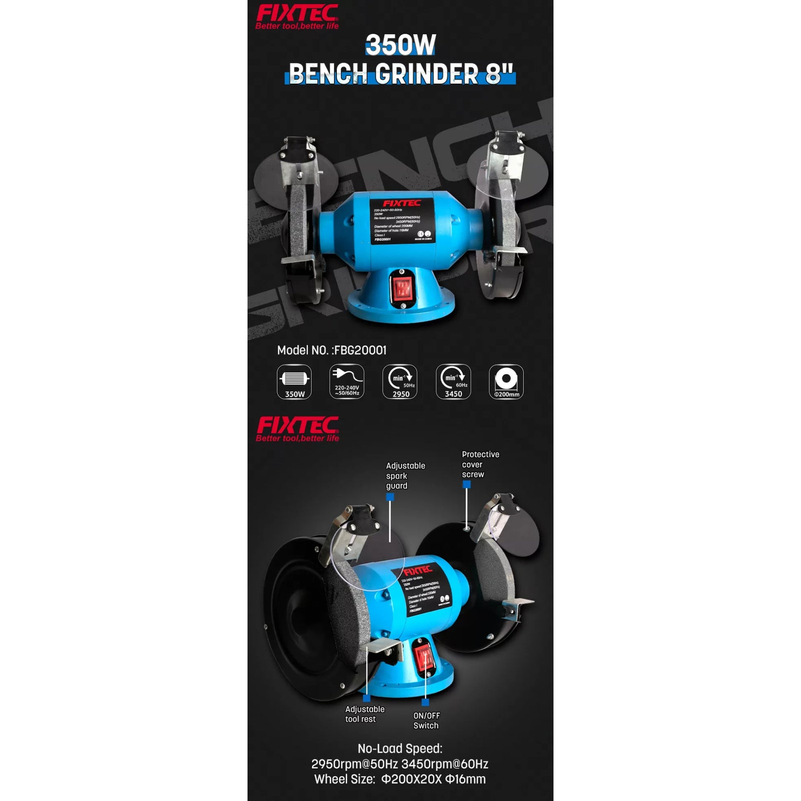 Esmeril De Banco 8 Fixtec Fbg20001 - 350w + 2 Accesorios