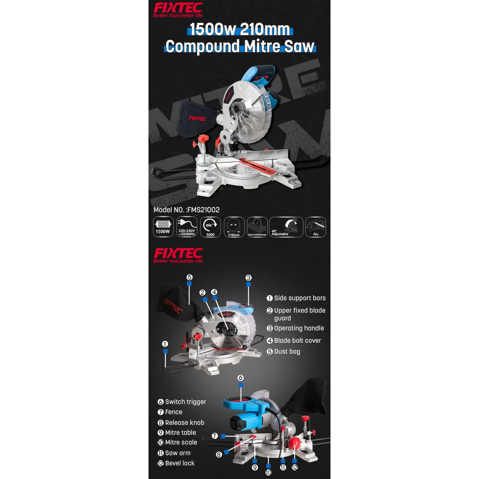 Ingleteadora Compuesta 210mm Fixtec Fms21002 - 1500w + 6 Pcs