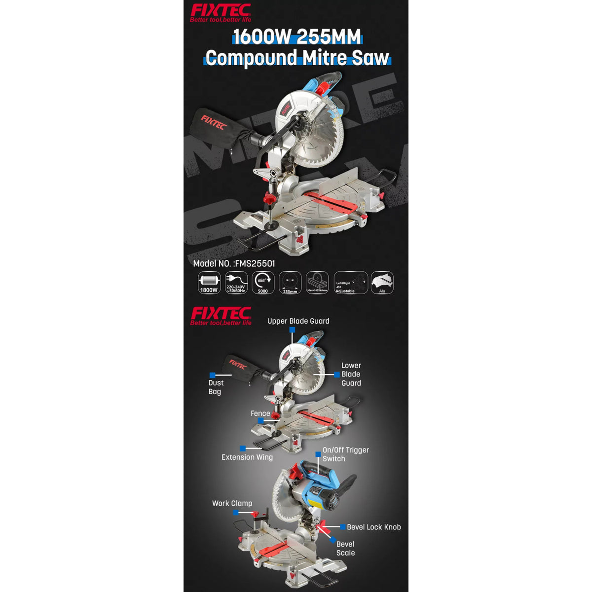 Ingleteadora Compuesta Laser 255mm Fixtec Fms25501 - 1600w