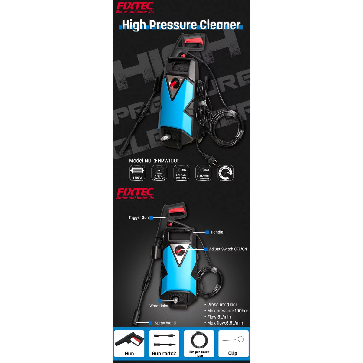 Hidrolavadora Alta Presion Electrica Fixtec 100 Bar 1450 Psi