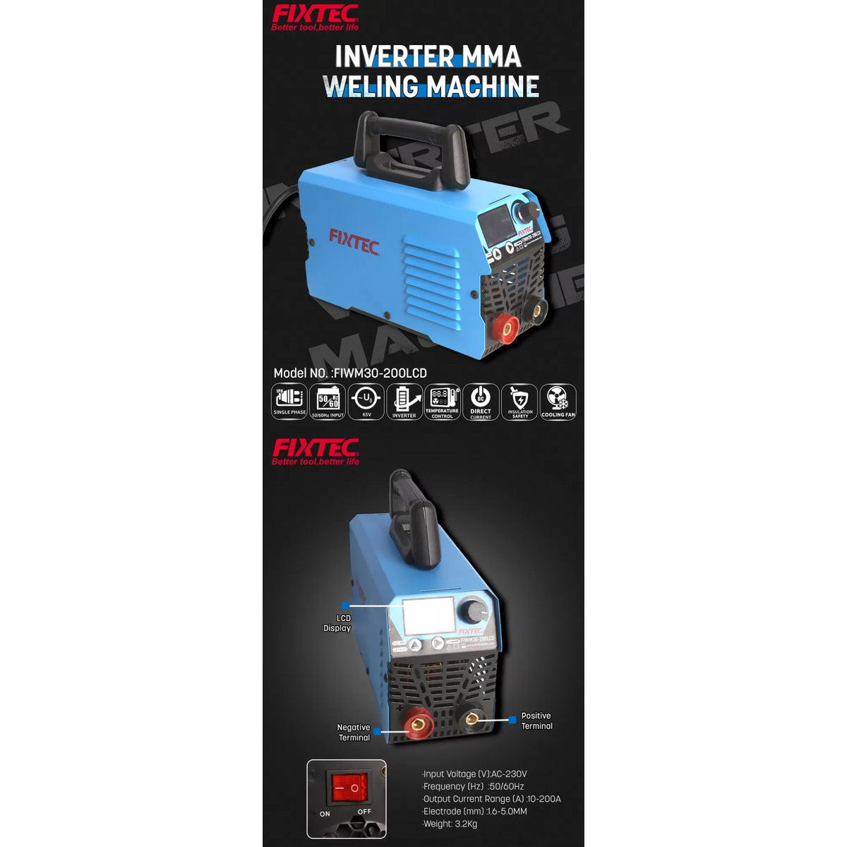 Soldadora Inverter Mma Lcd Fixtec Fiwm30-200lcd 200 Amperes