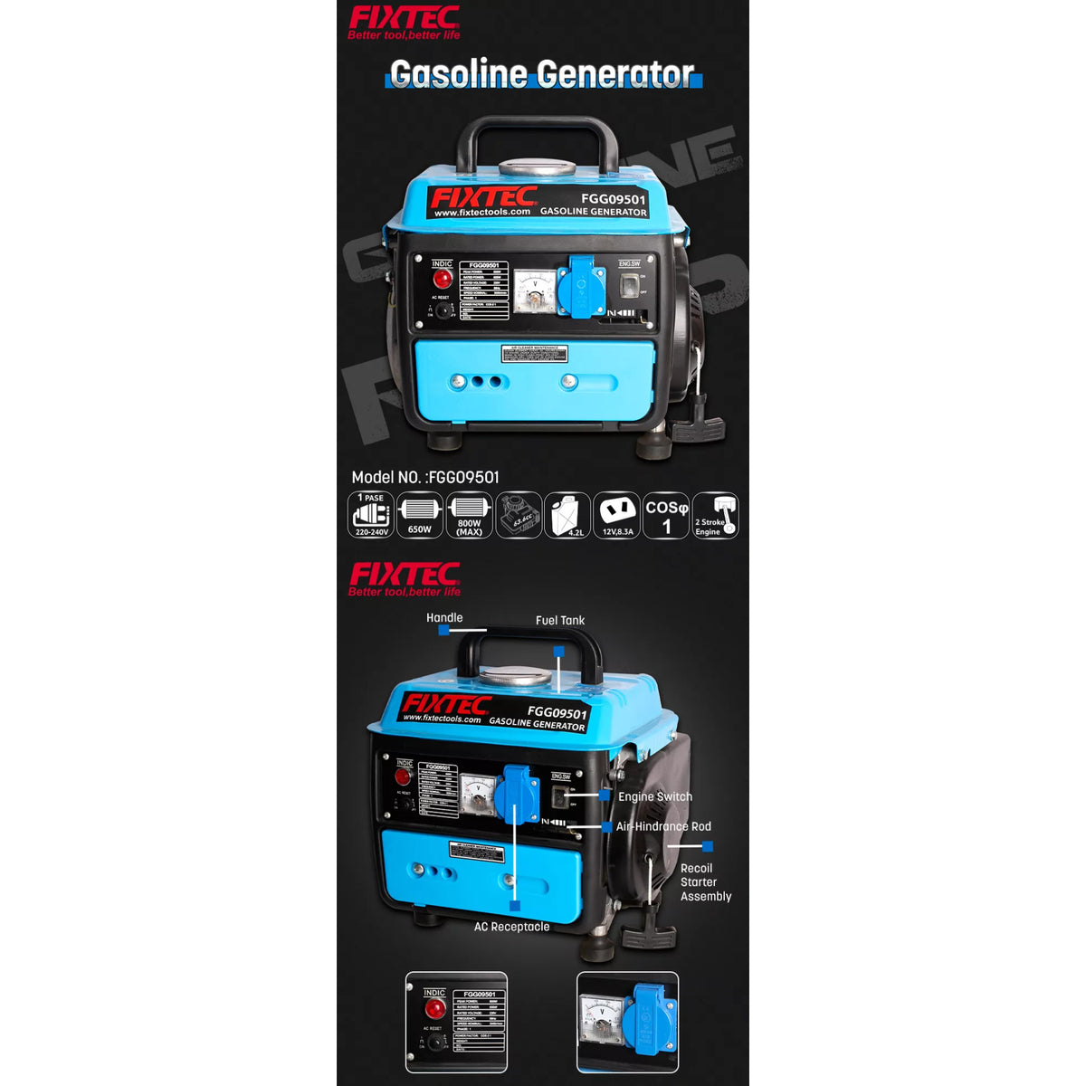 Generador Gasolina Fixtec Fgg09501 - 800w Portatil 0.8kva