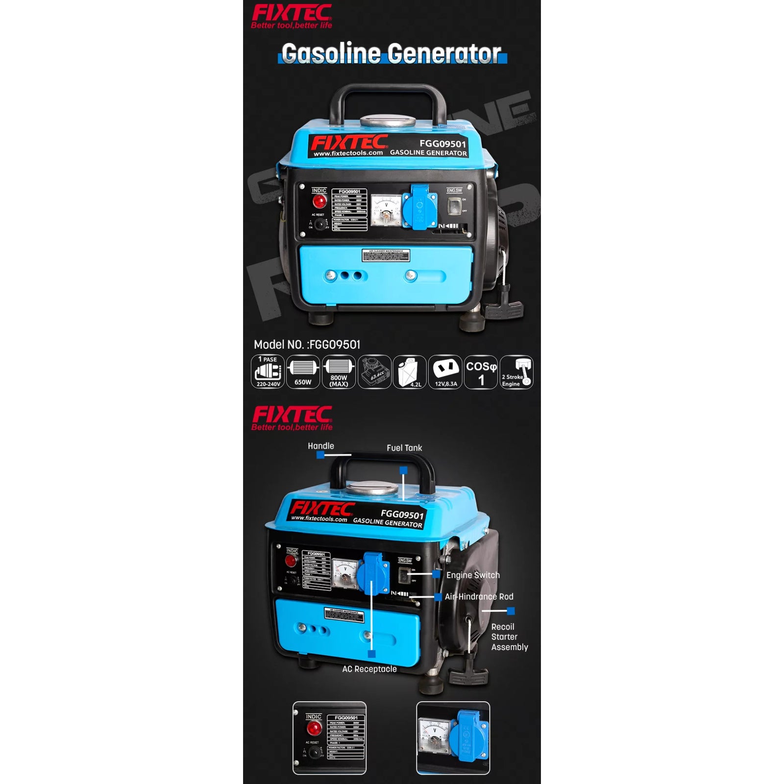 Generador Gasolina Fixtec Fgg09501 - 800w Portatil 0.8kva
